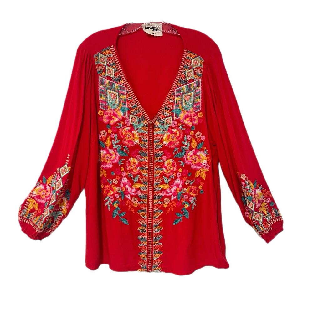 Savanna Jane Size 2X Floral Embroidered Boho Top Tunic Red V Neck Long Sleeves